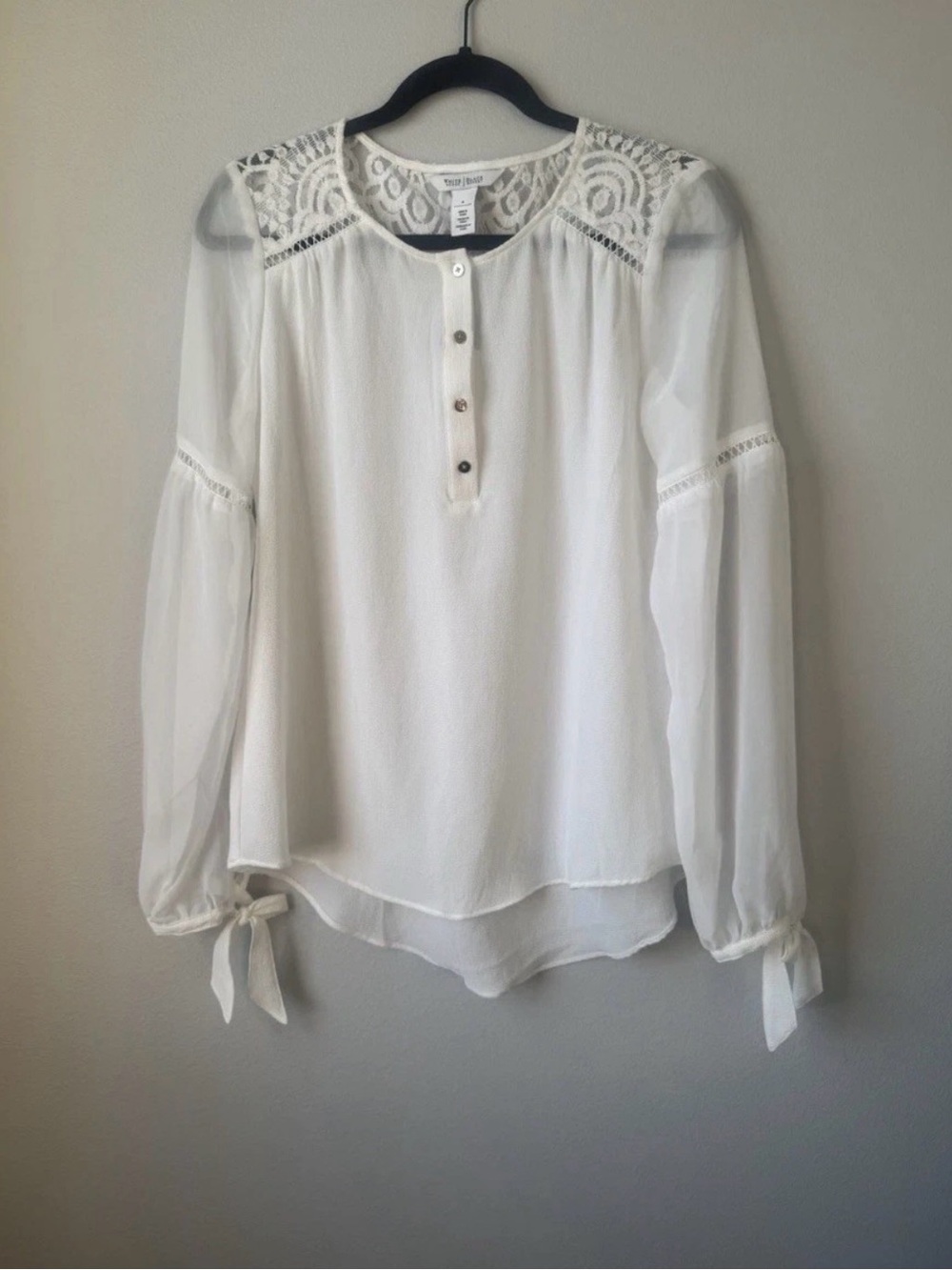 NWT WHBM Ivory Lace-Yoke & Accents Peasant Blouse Women Tops Long Sleeves Size 6